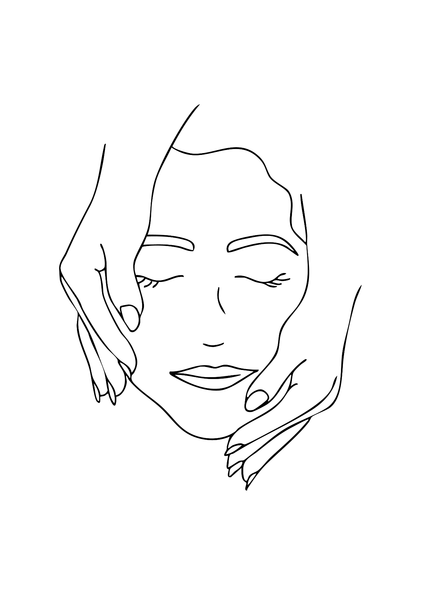 Minimal line illustration of a serene face being held by gentle hands